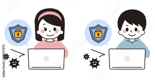 ウイルス対策をしているパソコンを操作しているこども。