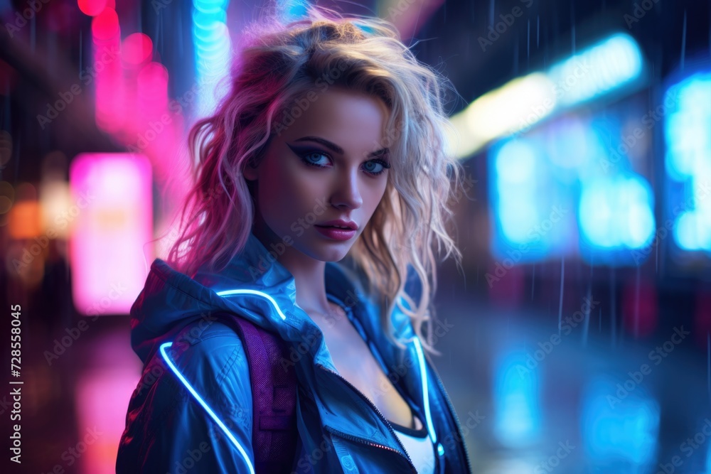Cyber Punk Chic: Glamour Portrait of a Woman with Blond Hair and Blue Eyes in the Neon-lit Streets Cyber Punk Chic: Glamour Portrait of a Woman with Blond Hair and Blue Eyes in the Neon-lit Streets