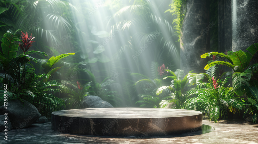 Marble podium in tropical forest for product presentation and green background Marble podium in tropical forest for product presentation and green background