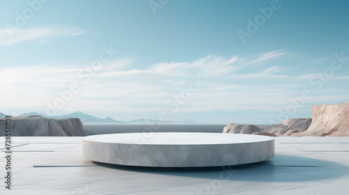 Stone Sky Clouds Sunset Horizon Evening Twilight Granite Marble Rock Platform Grey Blue White Atmosphere Sundown Background Isolated Empty Blank Plate Podium Pedestral Table Stand Mockup Product Displ
