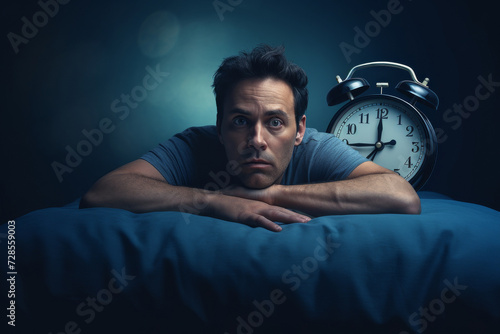 A middle-aged man suffering from insomnia lying in bed at night with a clock, awake desperate unable to sleep, sleeplessness. Sleeping time concept photo