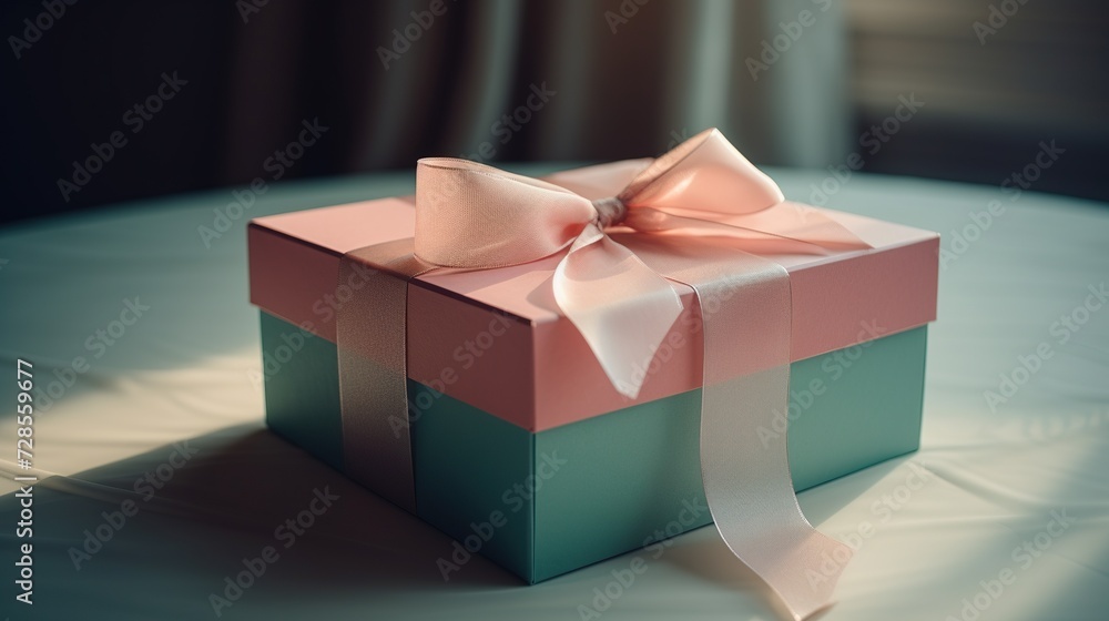 Luxury pink gift box with bow. Side view monochrome. Valentine's day gift for him or her, corporate gift, birthday party, wedding, advertising banner of sale with copy space banner. Generative AI Luxury pink gift box with bow. Side view monochrome. Valentine's day gift for him or her, corporate gift, birthday party, wedding, advertising banner of sale with copy space banner. Generative AI
