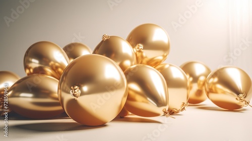 Glossy soft gold balloons. Abstract 3d background. Realistic golden balloons and gold ribbons, serpentine, confetti. Banner template for party, design, flyer, poster, web, advertising. Generative AI
