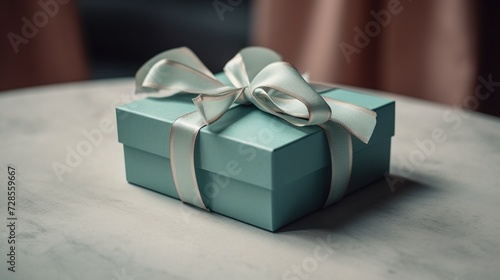Luxury blue gift box with bow. Side view monochrome. Valentine's day gift for him or her, corporate gift, birthday party, wedding, advertising banner of sale with copy space banner. Generative AI
