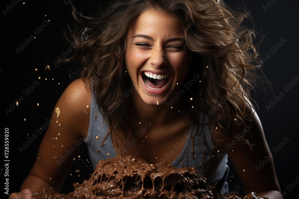 Woman making a happy grimace eats tasty chocolate cake on a gray background. empty, generative IA - obrazy, fototapety, plakaty 