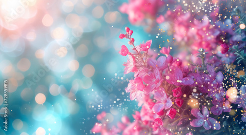Spring announced with bright pink blooms on a bright blurred, defocused blue, petrol, teal background. Change of season welcoming. Copy space on colorful banner with bokeh.