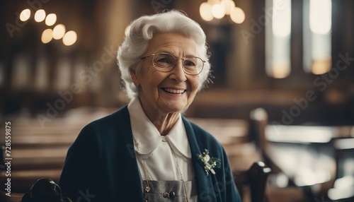  sweet little old lady in the church with her clothes and smiling, blurry background
