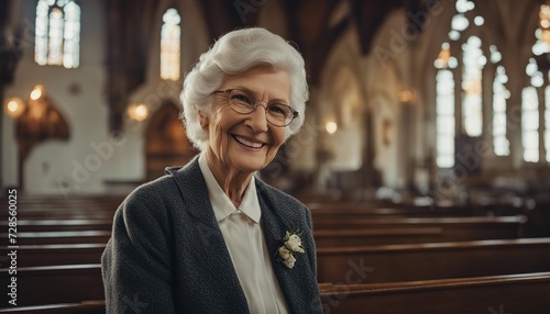  sweet little old lady in the church with her clothes and smiling, blurry background 