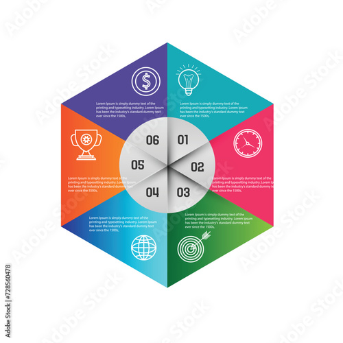 Modern hexagon infographic template 6 options for workflow layout, diagram, number options, step up options