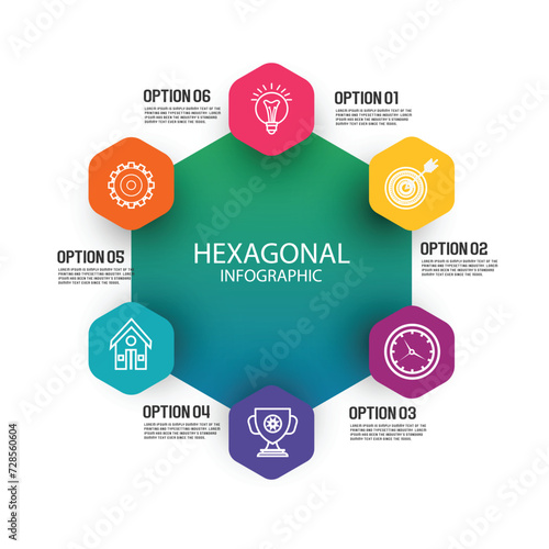 Modern hexagon infographic template 6 options for workflow layout, diagram, number options
