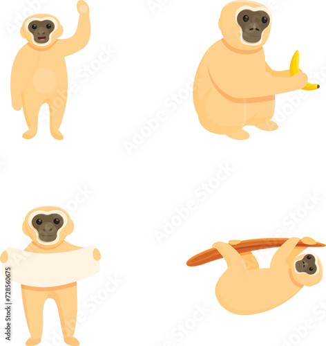 Cute gibbon icons set cartoon vector. Gibbon primate, mammal. Monkey, wildlife