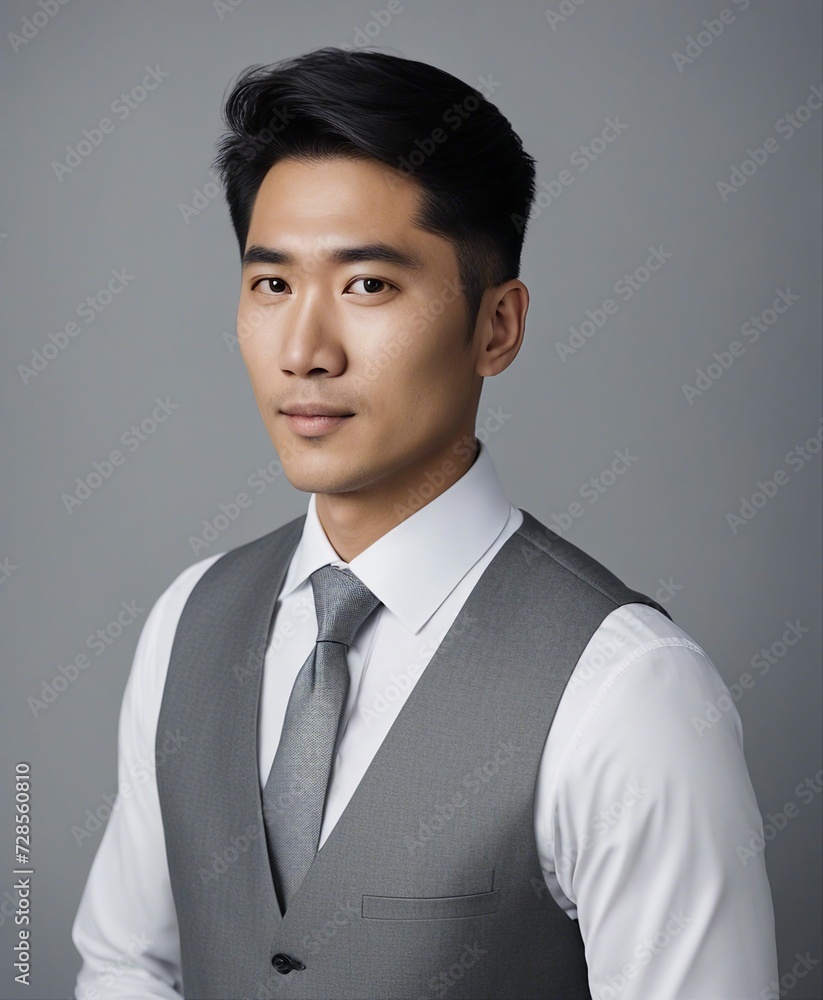 portrait of an Asian business man wearing a tie and white shirt, isolated grey background
