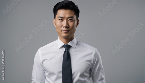 portrait of an Asian business man wearing a tie and white shirt, isolated grey background 