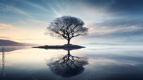 tree on the lake 3d image,, tree in the fog 3d photoes