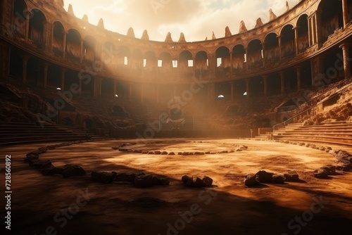 Antique arena podium for battles, marble columns, dust in the air, ancient Rome