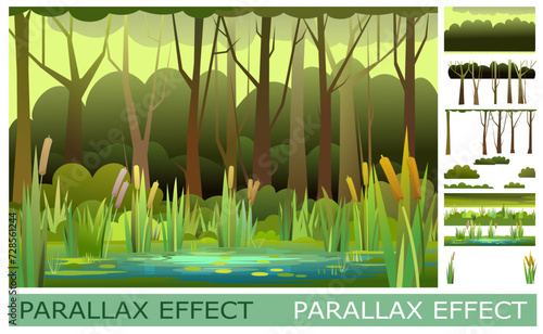 Swamp in forest. Set of slides for parallax effect. Funny cartoon style. Picture vector © WebPAINTER-Std