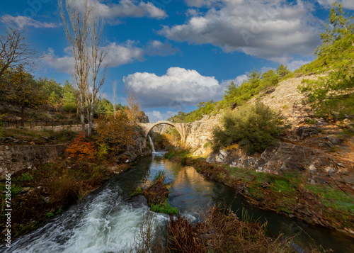 Turkey's waterfalls and rivers. Historic stone bridge and waterfall. Clandras bridge and Clandras waterfall. Usak , Turkey