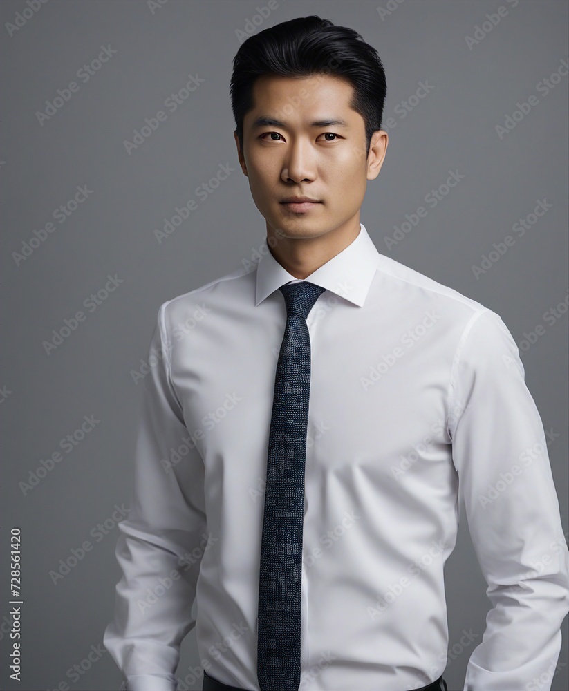 portrait of an Asian business man wearing a tie and white shirt, isolated grey background
portrait of an Asian business man wearing a tie and white shirt, isolated grey background