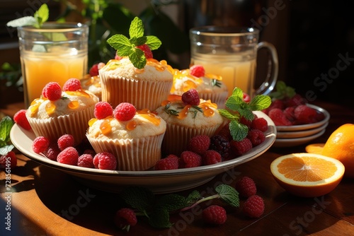 A dish of muffins and a cup of muffins with a fruit plate., generative IA