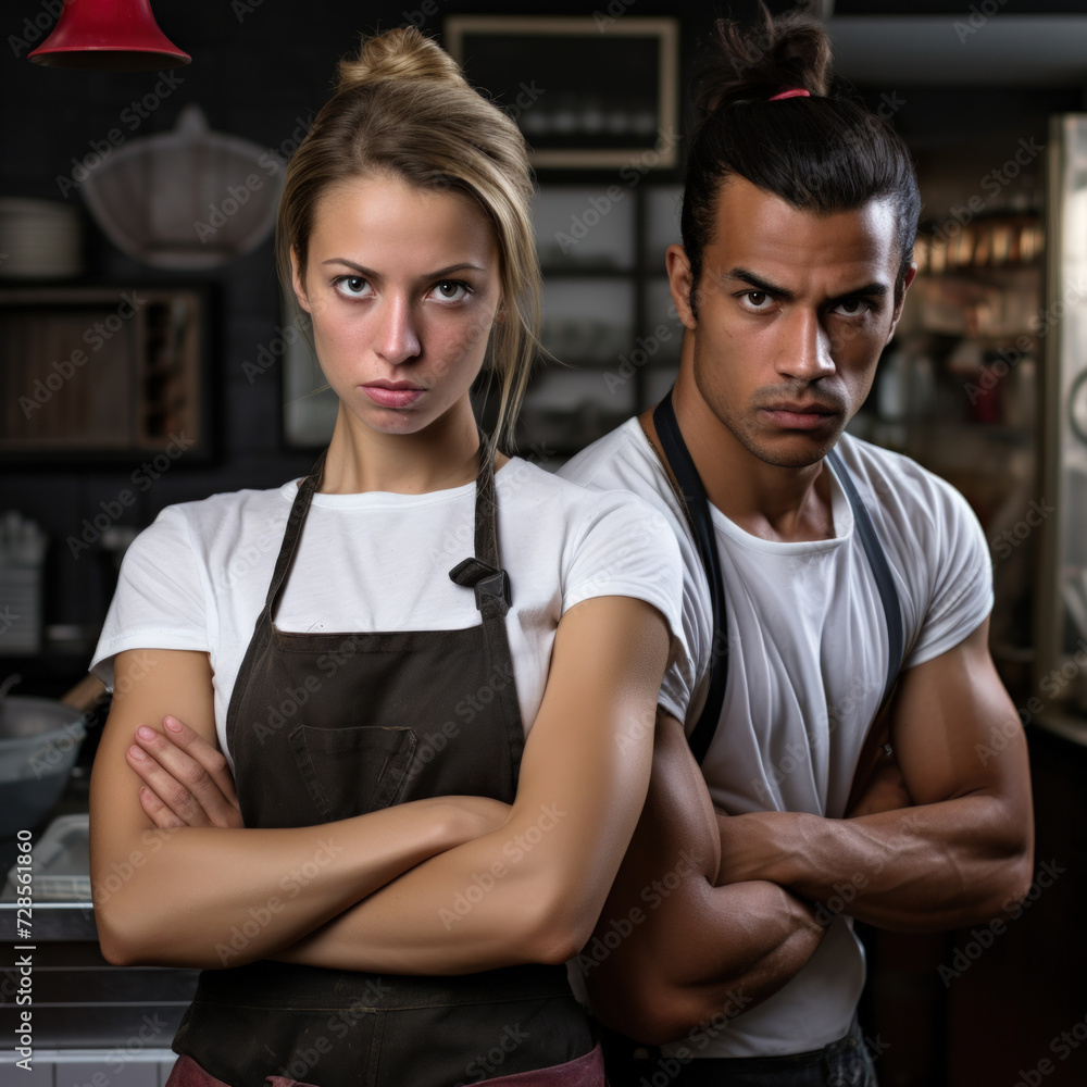 Two determinedlooking individuals a man and a woman posing with crossed arms in what appears to be a coffee shop setting Two determinedlooking individuals a man and a woman posing with crossed arms in what appears to be a coffee shop setting