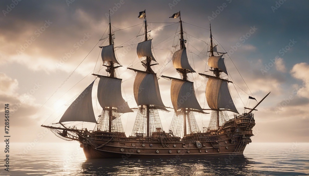 Fototapeta premium sailing pirate ship, isolated white background 