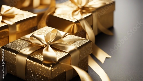 shiny gift boxes covered with golden ribbon, isolated background. copy space for text.