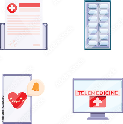 Telemedicine icons set cartoon vector. Virtual doctor treatment. Tele medicine and healthcare concept