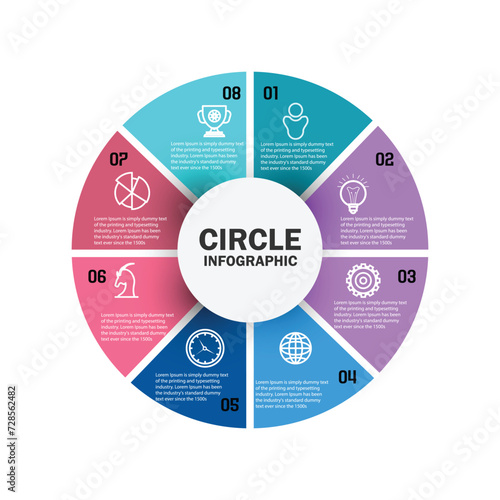 Vector circle infographic template for graphs, charts, diagrams. Pie chart concept with 8 options, parts, steps, processes