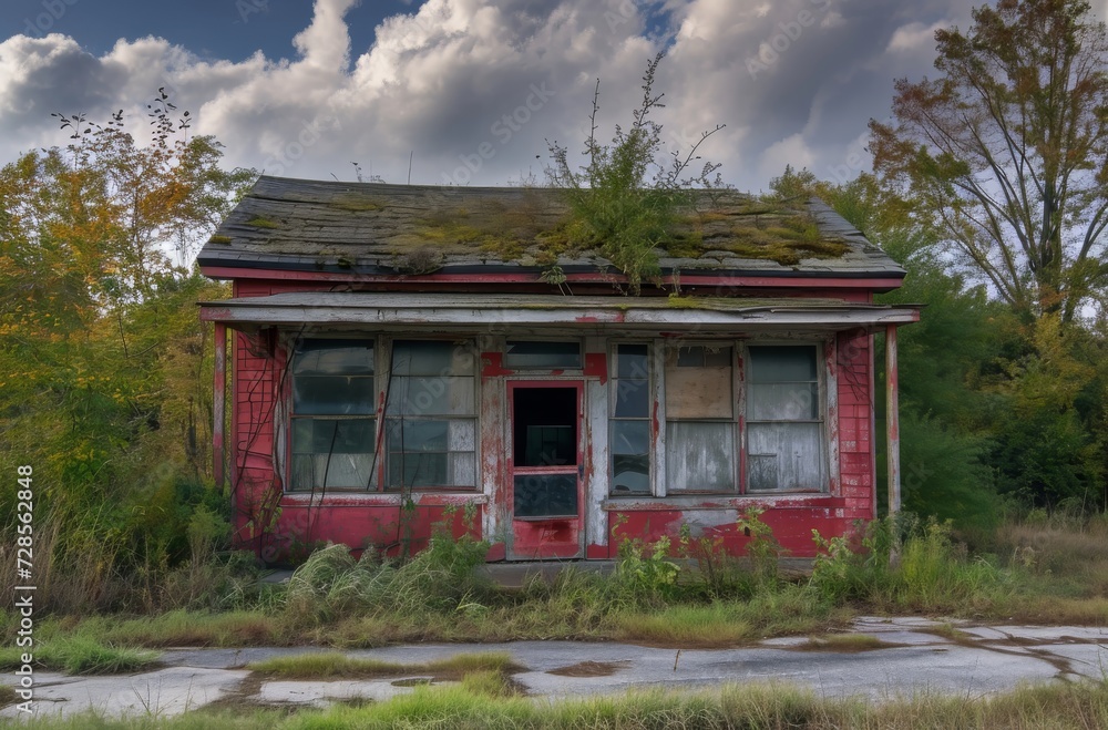 A once vibrant red building with a green roof now stands in a state of decay