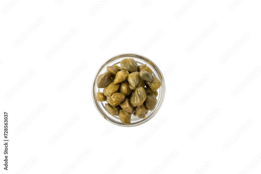 Capers in a bowl isolated on a white background. Marinated caper buds, small salted capparis in bowl, fermented food, pickled capers group.Organic spices and seasonings. Capers in a bowl isolated on a white background. Marinated caper buds, small salted capparis in bowl, fermented food, pickled capers group.Organic spices and seasonings.