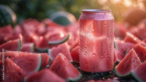 Mockup light red aluminum can with water drops on the can surface and watermelon surrounding it. watermelon farm background. photo