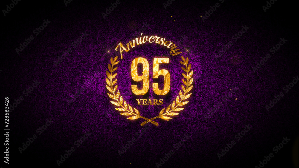 Fototapeta premium Luxury 95 years Anniversary Laurel Wreath Label Gold Texture On Dark Purple Shiny Micro Turbulence Waves Grainy Pattern Texture Effect Background