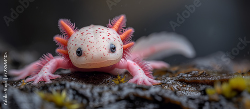 A banner with cute baby axolotl, an amphibian, resting on pebbles in an underwater environment or in aquarium