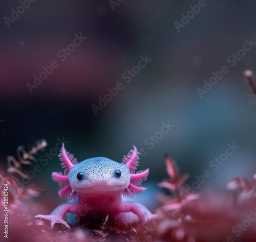 An axolotl, an amphibian, resting on pebbles in an underwater environment. The axolotl has pink gills, a white body, and blue eyes. Free space for text.