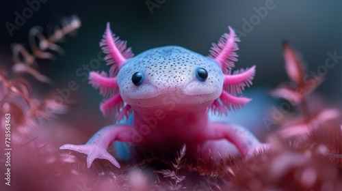 An axolotl, resting on pebbles in aquarium. The axolotl has pink gills, a white body, and blue eyes. photo