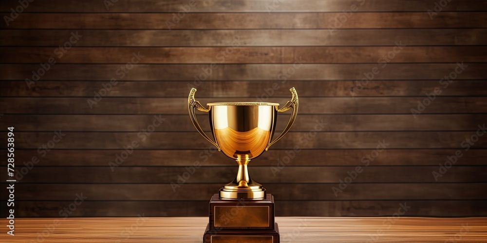 Isolated gold trophy on wooden table with copy space. Isolated gold trophy on wooden table with copy space.