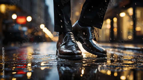 Street photo of the feet of a businessman walking down the road. Perfect dynamic action composition. Generative AI