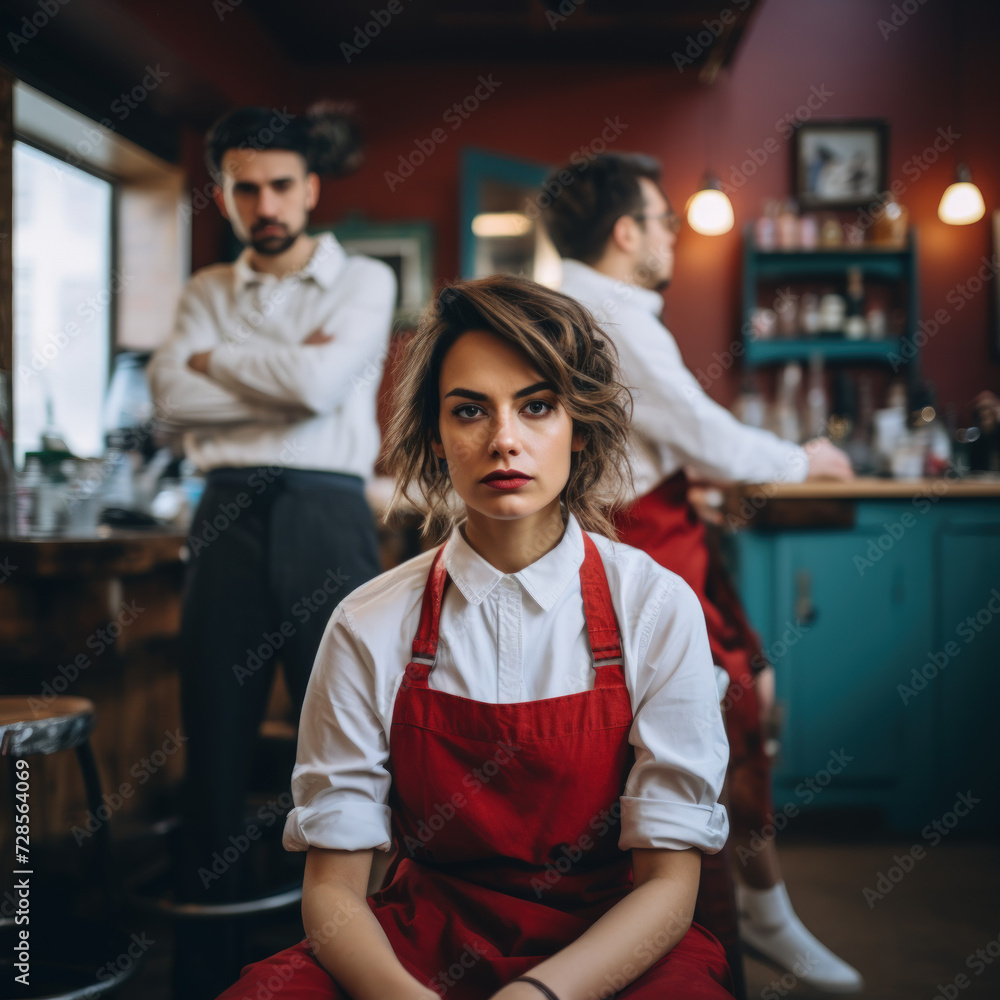 A young woman wearing a red apron stands in the foreground in a vintage style cafe with a male colleague in the background A young woman wearing a red apron stands in the foreground in a vintage style cafe with a male colleague in the background