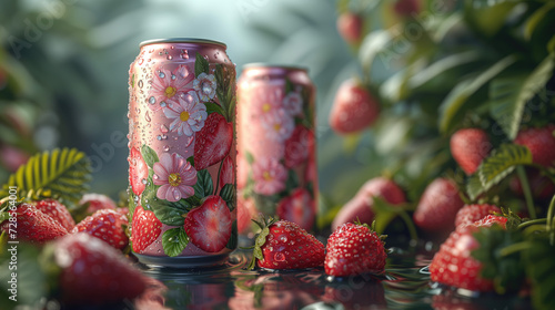 Mockup aluminum water Strawberry can with water droplet on surface can with Strawberry are placed as ingredients. Strawberry vast farm on background. for product presentation photo