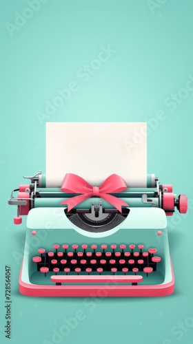 Retro teal typewriter with a pink ribbon on paper, minimalist design concept