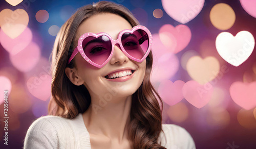 Happy smiling girl in heart shaped glasses on pink hearts bokeh background. St Valentines Day  International Women s Day  Love concept.Banner for design with space for text.Generative AI