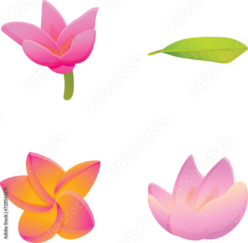 Lotus flower icons set cartoon vector. Blooming lotus or water lily with leaf. Flower, buddhism symbol