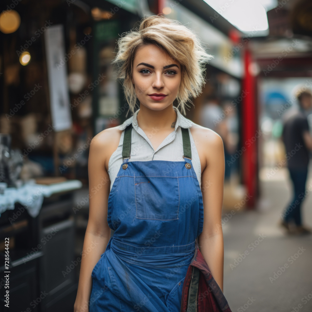 A confident woman with short blonde hair wearing a blue apron stands in a lively market setting with blurred people in the background