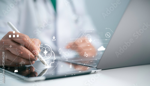 Medical worker using technology smart robot AI,Concept of healthcare and medical AI technology services and advance of technology Artificial Intelligence for future healthcare transformation.