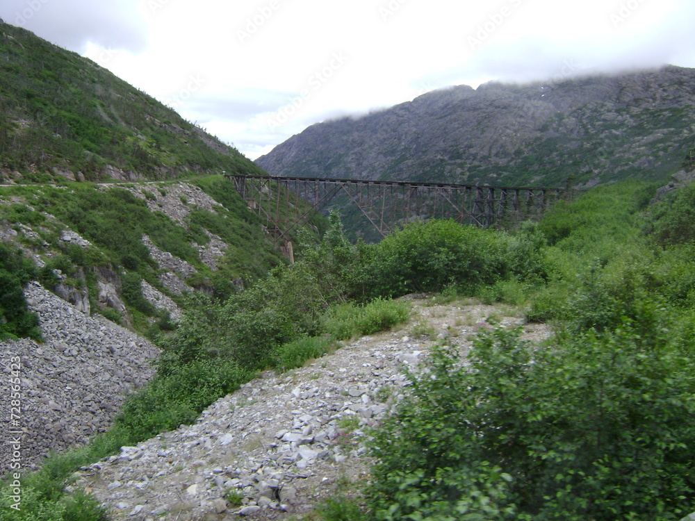 Naklejka premium metal bridge over mountain valley