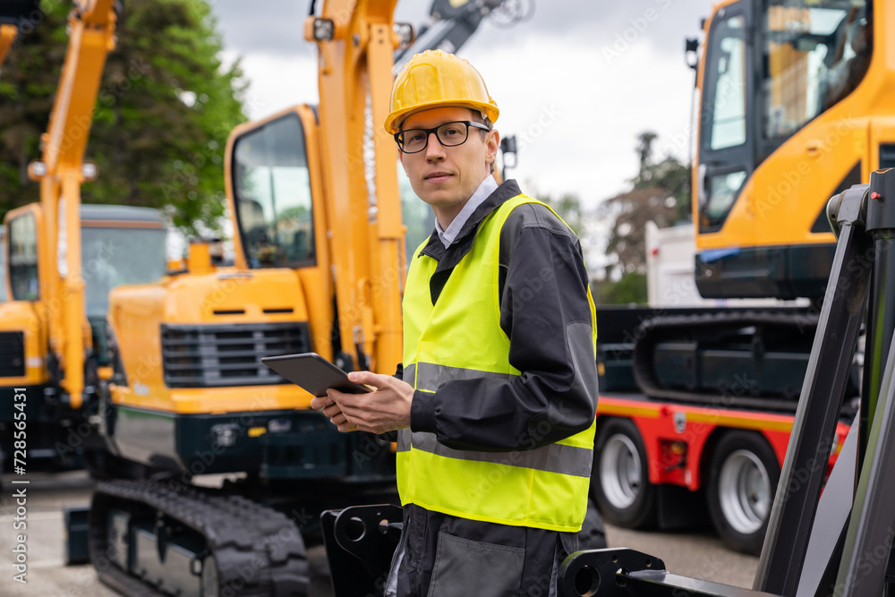 Engineer in a helmet with a digital tablet stands next to construction excavators.. Engineer in a helmet with a digital tablet stands next to construction excavators..