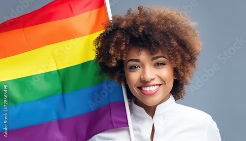 Woman with afro curls on rainbow flag background , LGBQ concept