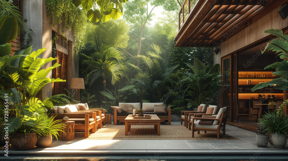 Fototapeta premium outdoor patio design It's a sitting corner with trees and leaves and a perfect table and wooden chairs.