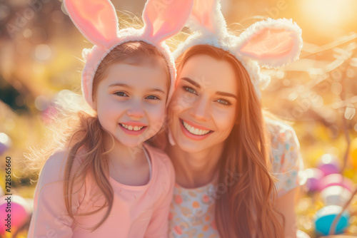 Mother and daughter with bunny ears enjoying Easter, surrounded by colorful eggs and spring flowers.