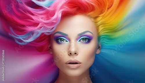 Creative Rainbow Hair Coloring Portrait Woman   LGBQ concept